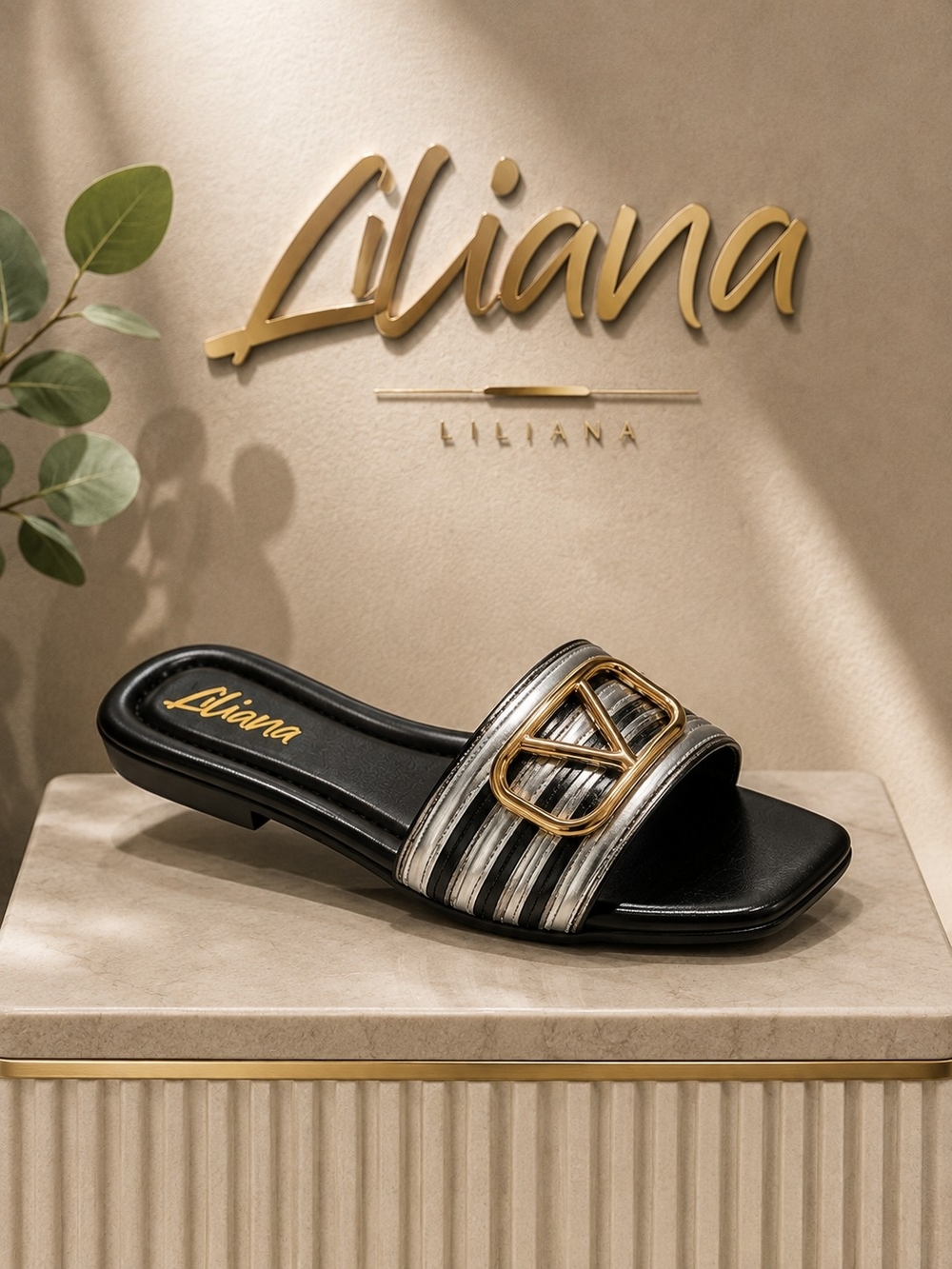 Liliana Women’s Metallic Silver, Black & Gold Slide Sandals – Size 10 – NIB